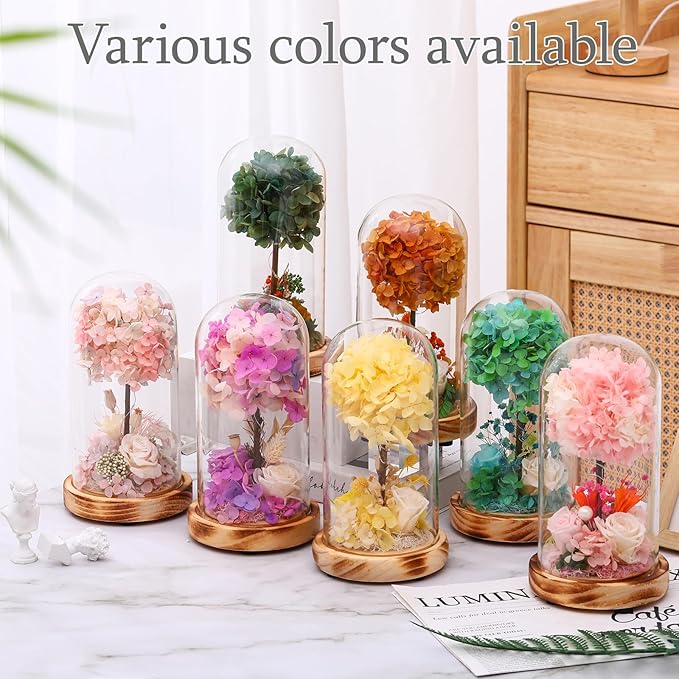 Christmas Preserved Flower Gifts with LED Lights, Pink Hydrangea and Rose Arrangement on Wood Base, 8 x 5.2 Inches, Battery Operated, No Watering Required Home Decor,All Occasions and All Festivals