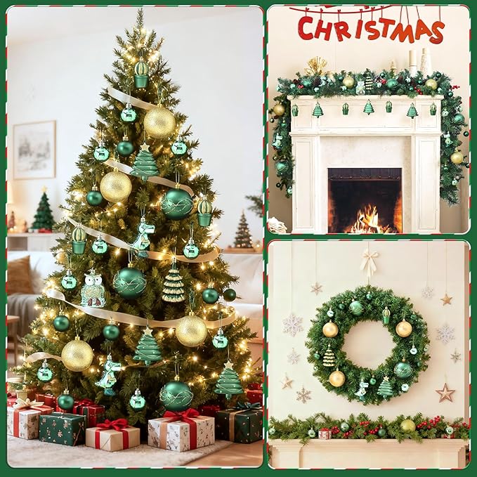 Dolicer 52 Pcs Christmas Tree Ornaments Various Styles Christmas Ball Ornaments Set Green Gold Christmas Ornament Shatterproof Lightweight Hanging Decorations for Xmas Tree Holiday Party Home