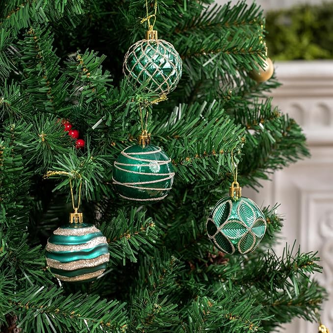 100 Pack Dark Green Christmas Ball Ornaments Set, Hand-Painted Shatterproof Hanging Decorations, Assorted Emerald Green Baubles Bulk for Xmas Tree Wreath, Winter Holiday Home Party Decor