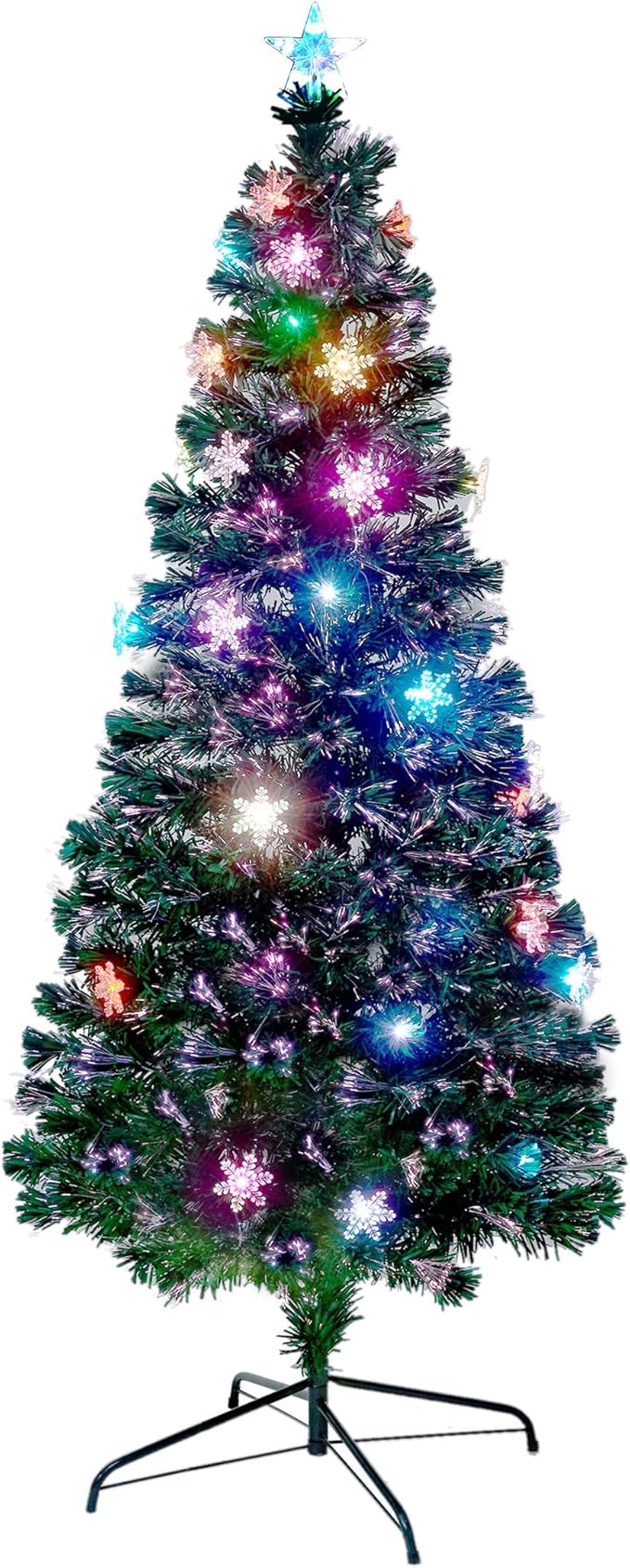 Juegoal 6 ft Pre-Lit Optical Fiber Christmas Artificial Tree, RGB Color Changing LED Lights, Snowflakes & Top Star, Fake Xmas Tree with Metal Legs