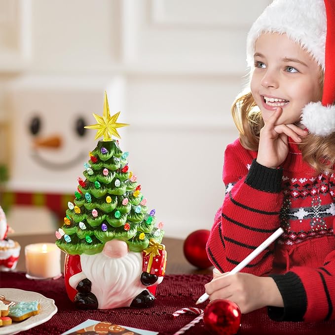 JOIEDOMI 12” Gnome Ceramic Tree, Light up Tabletop Xmas Decor with 60 LED Lights, Ceramic Tree with Christmas Themed Design, Xmas Holiday Indoor Office Table Fireplace Decoration