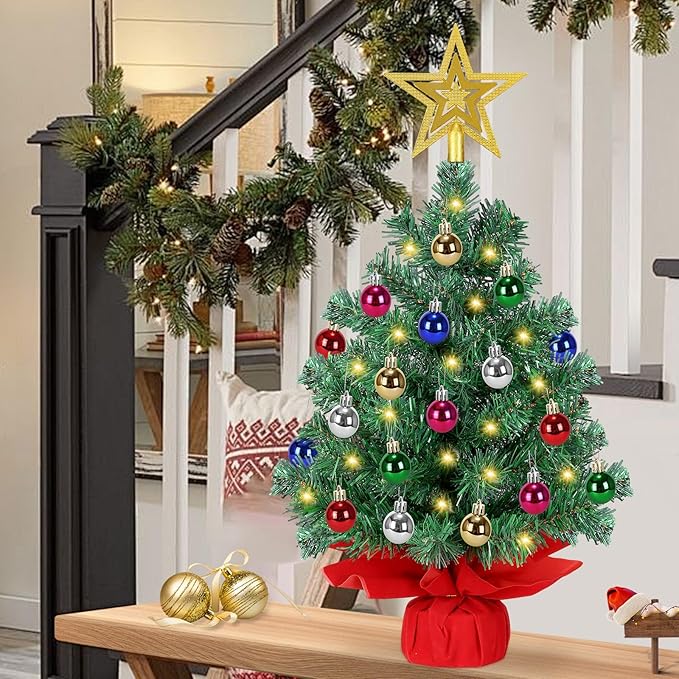 24 Inch Pre-lit Artificial Christmas Tree with 50 LED Lights, 8 Lighting Modes & Timer | Includes Star Topper and 30 Ornaments | Battery Powered Tabletop Decor for Home, Office