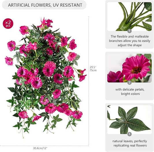 Artificial Flowers Artificial Petunias for Outdoors 2PCS Artificial Hanging Plants Outdoors Silk Flowers with Stems Outdoor Flowers Uv Resistant for Porch Terrace Decor,Rose Red,Without Pot