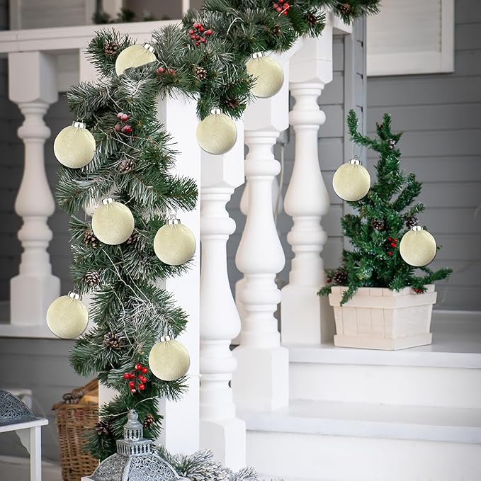 Beige Velvet Christmas Ball Ornaments for Tree 15 PCS, Large Neutral Flocked Christmas Bulbs Ornaments Set 3.15 Inch, Shatterproof Xmas Hanging Baubles Decorations (Beige)