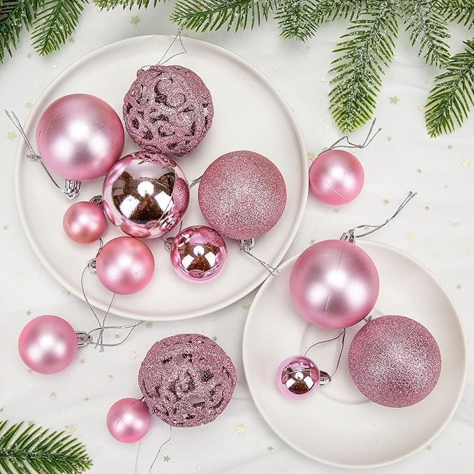 Aitsite 100 Pack Christmas Tree Ornaments Set Mini Shatterproof Holiday Ornaments Balls for Christmas Decorations (Pink)