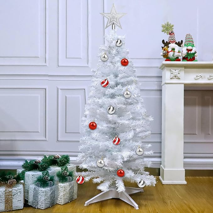4 Ft White Christmas Tree with Timer Remote Control 8 Mode 100 Warm White Light 18 DIY Ball Ornaments 3D Star Battery Operated Small Xmas Tree Table Indoor Holiday Decor