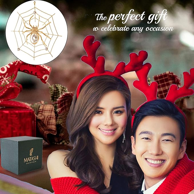 Matashi 24K Gold Plated Crystal Studded Hanging Ornaments for Christmas Tree, Christmas Spider Miracle, Decor - The Tradition of Tinsel Legend Spider on Web Ornament