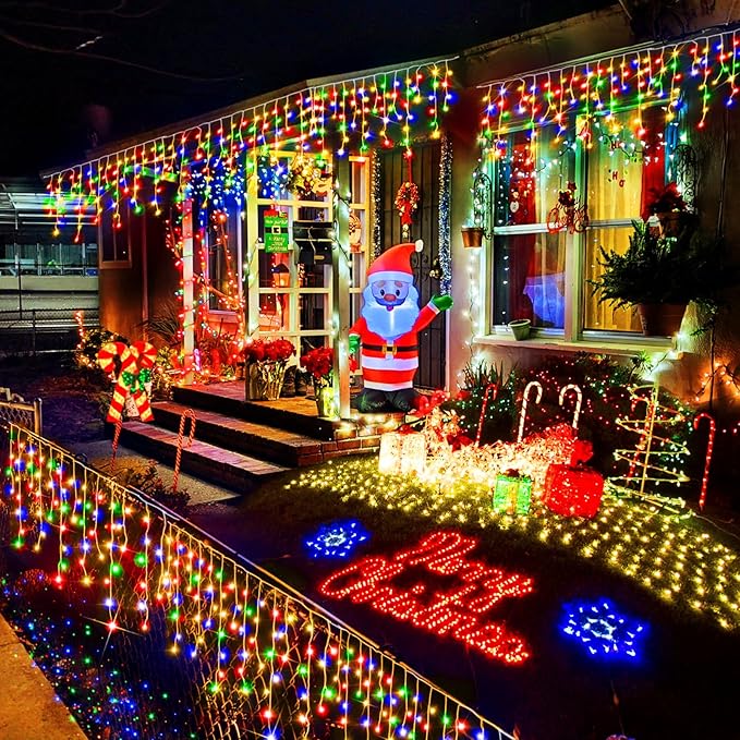 Christmas Lights Outdoor, 2 Pack Total 98FT 960 LED Ice Lights for Outside with 180 Drops 8 Modes Timer Memory, Plug in Waterproof for Holiday Eaves Yard Roof Party Christmas Decor (Multicolor)