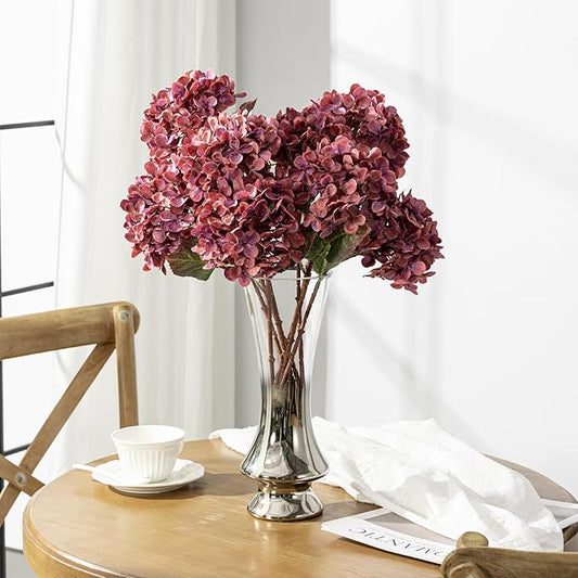 Artificial Flower Fake Silk Hydrangea Heads Bouquet with Stems Bulk for Fall Decoration Table Center Christmas Indoor Outdoor Faux Floral Realistic with Leaves Plants Crafts 8PCS(Rose red)