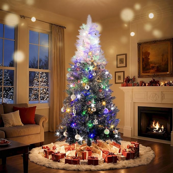 6ft Prelit Black Gradient Artificial Christmas Tree with 150 Multi-Color LED, 4 Color 8 Mode, Flocked Hinged Xmas Tree with 1000 Realistic Branch, Easy Assembly for Home Holiday Decoration