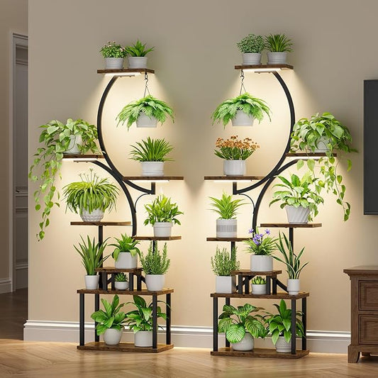 Plant Stand Indoor with Grow Light - 2 Pack Tall Indoor Plant Shelf, 62" Corner Plant Holder, 8 Tiered Large S-Shape Flower Multiple Display Shelf for Home, Office