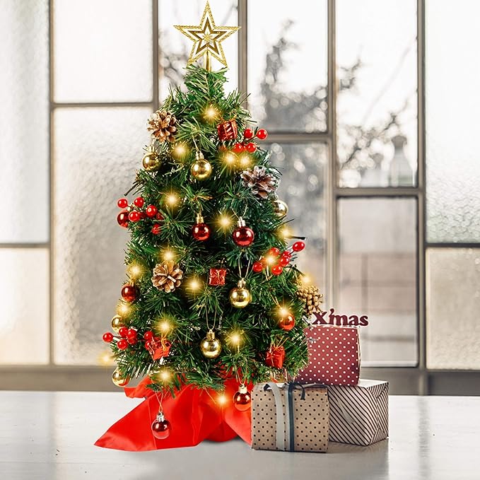 Blissun 2Ft Mini Christmas Tree, Artificial Christmas Pine Trees, Tabletop Xmas Tree, Mini Christmas Pine Tree with LED Lights, Star Tree Topper and Christmas Ornaments for Christmas Table Decorations