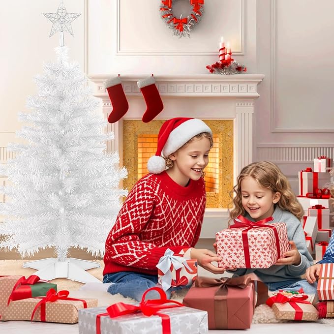 3 Ft White Artificial Christmas Tree for Tabletop, Foldable Xmas Tree with 4-Leg Stable Base for Indoor Outdoor Home Office Party Christmas Decorations