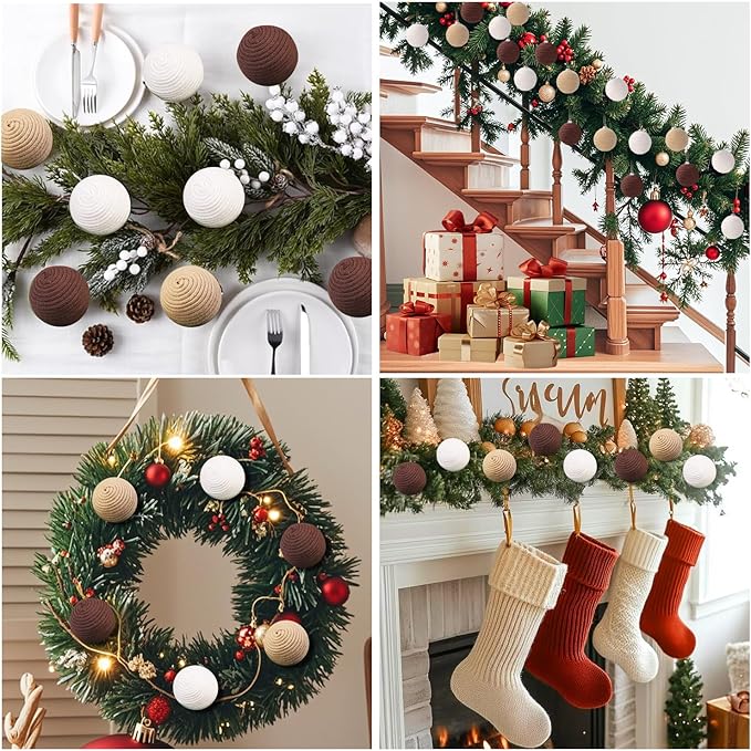 JOICEE 9 Pcs Boho Christmas Ball Ornaments Set, Jute Rope Hanging Balls Neutral Rustic Ornaments Christmas Ball Decoration for Xmas Tree Wreath Garland Party Farmhouse Decor(White,Beige,Dark Brown)