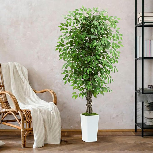 Artificial Ficus Tree 5FT Faux Plants Indoor Tall Fake Plants with White Tall Planter, Green Lifelike Lush Fake Ficus Tree for Home Living Room Bedroom Outdoor Balcony House Office Decor