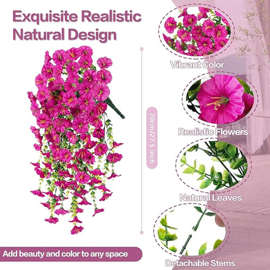Rich and Eye-catching 5 PCS Artificial Hanging Flowers,Silk Morning Glory Faux Flowers with Eucalyptus Leaves,uv Resistant Fake Hanging Petunias Plants for Yard Decoration(Fuchsia)