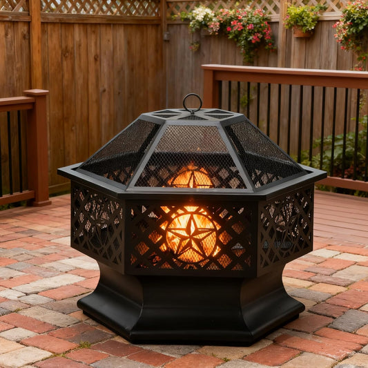 28 Inch Hexagonal Fire Pit,Wood Burning Firepits for Outside with Spark Screen&Poker,Metal Hex-Shaped Outdoor Fire Pit for Outside,Backyard,Bonfire,Patio,Garden,Picnic and Camping(Black)