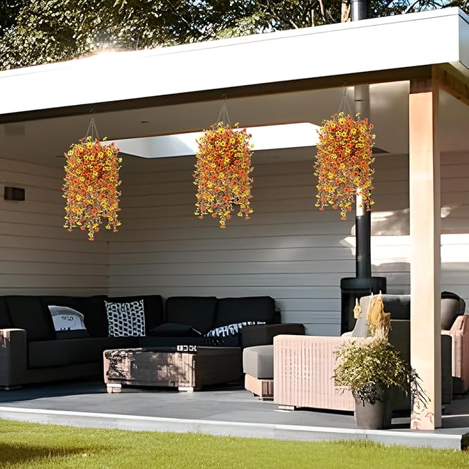 Artificial Fake Hanging Fall Flowers for Outdoor Decoration,2 Pcs Fake Silk Plant Daisy Realistic UV Resistant for Home Indoor Porch Patio Wall Balcony Yard(Orange Yellow)
