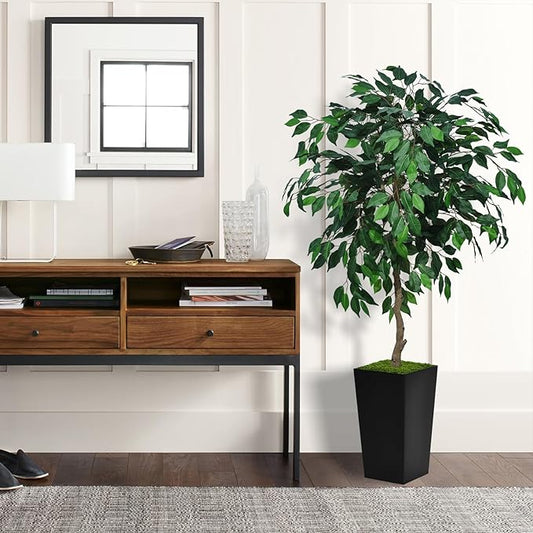 Artificial Ficus Tree 5FT - Faux Indoor Tree with Black Tall Planter - Fake Ficus Floor Plant in Pot - Artificial Silk Tree for Home Office Living Room Decor Indoor