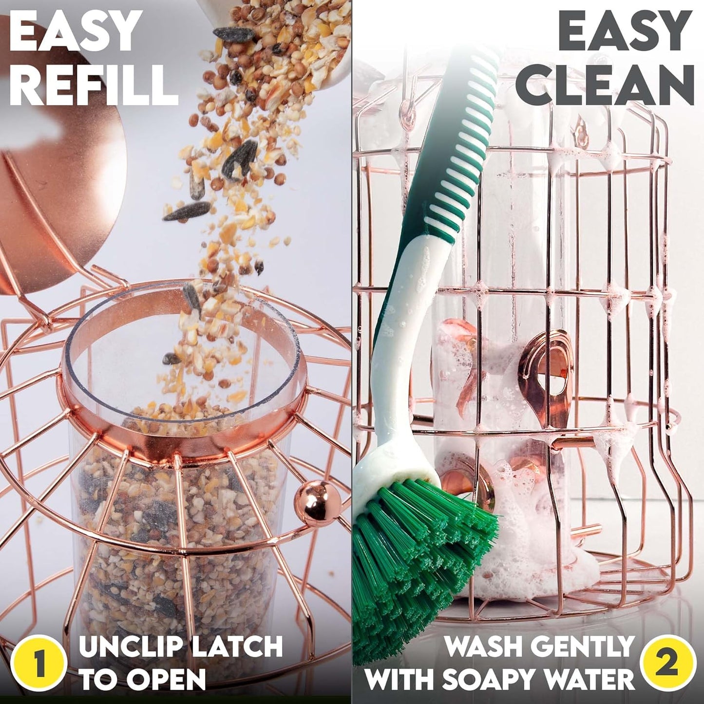 Squirrel Proof Bird Feeder for Outdoors Hanging (Metal Rose Gold) Bird Feeder with 4 Ports, Chew-Proof & Weather Resistant, Backyard Gift (10.25 x 6.25 x 6.25 inches)