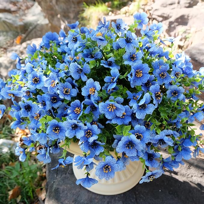 Artificial Faux Plants Flowers for Outdoor Outside Summer Decoration,16 Bundles UV Resistant Realistic Blue Plastic Fake Silk Daisy for Indoor Outside Greenery Boxwood Garden Home Planter Porch Patio