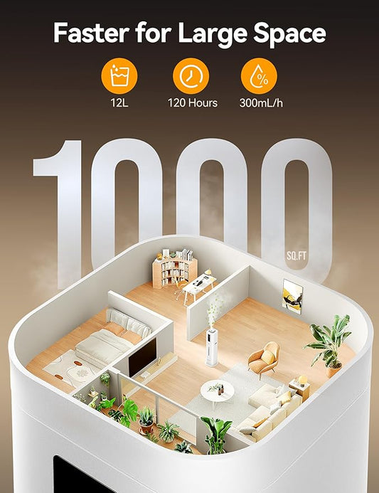 VAGKRI 12L Humidifiers for Large Room, Last 120 Hours, Cover up to 1000ft², Top Fill Ultrasonic Cool Mist Humidifier, 3 Mist Level, 24H Timer, Essential Oil Diffuser Humidifiers For Bedroom, Home