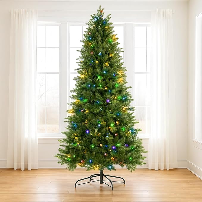 7.5ft Pre Lit Christmas Tree with 500 Multi-Color LED Lights β Artificial Balsam Holiday Tree with 2058 Realistic PE & PVC Tips, Foot Pedal, Hinged Branches, and Metal Stand