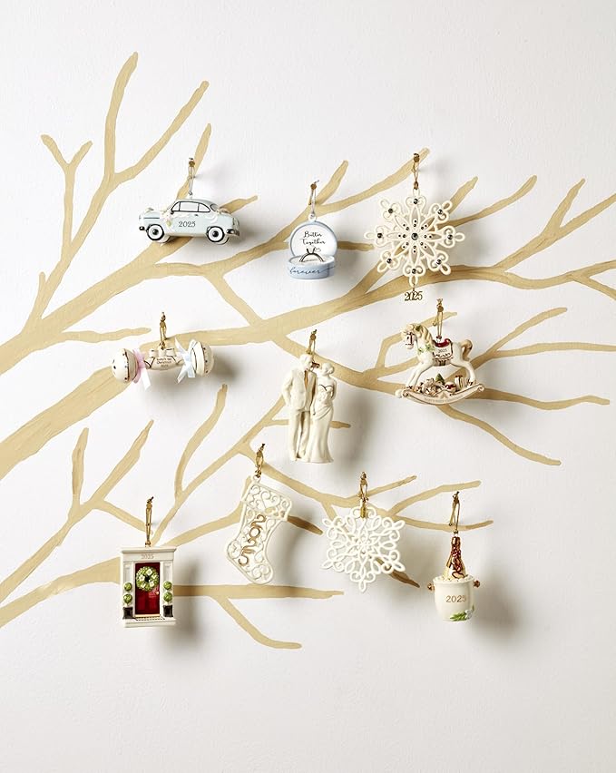 Lenox Ornament, 2025 Babys 1st Christmas Rattle Ornament, Porcelain with Gold Accents and Hanging Cord, Christmas Decorations, Blue/Pink Ribbons, Winter Tree Decor, Winter Decor (Cream, 1 Piece)
