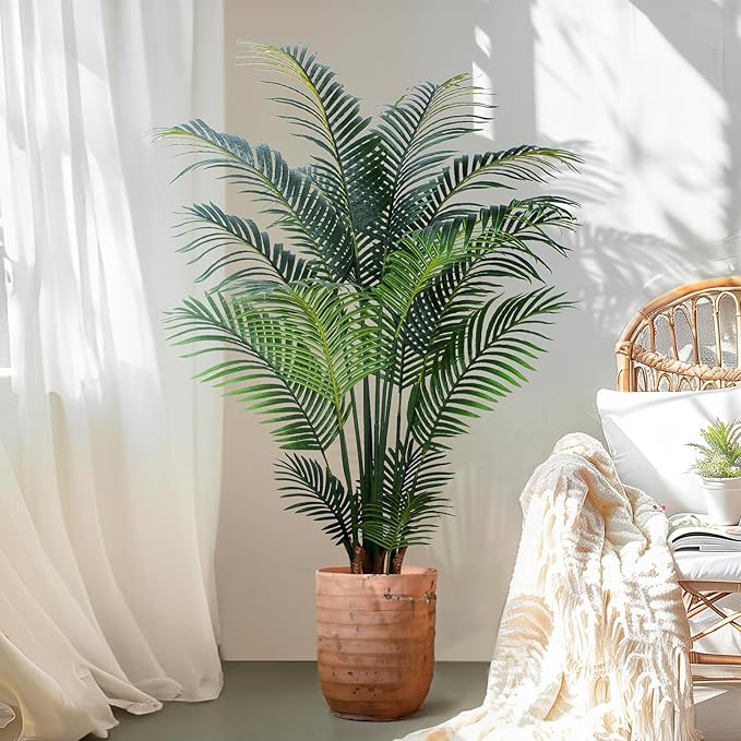 Artificial Tropical Palm Plant - 5 Ft Artificial Tree with Plastic Pot for Office and Home Decor, Tall Faux Plants for Indoors and Outdoors, Artificial Silk Palm Housewarming Gift,K150