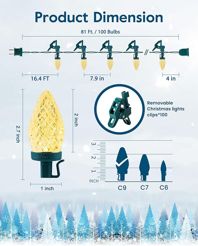 C9 LED Christmas Lights Outdoor with 100 Spring Clips, 81FT 100 LED C9 String Lights Waterproof Connectable for Outside Roofline Patio House Yard Windows Garden Christmas Decorations, Warm White