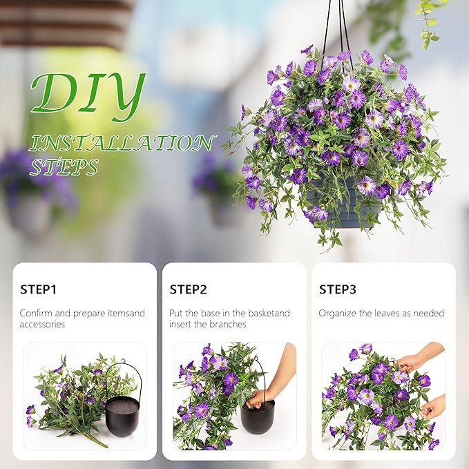 Artificial Flowers Artificial Petunias for Outdoors 2PCS Artificial Hanging Plants Outdoors Silk Flowers with Stems Outdoor Flowers Uv Resistant for Porch Decor Terrace Decor(Purple with Pot)