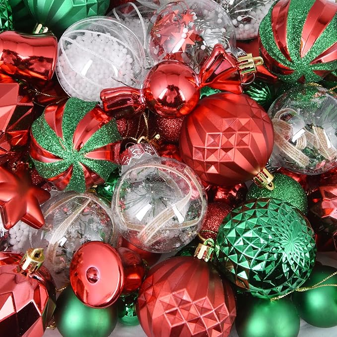111-Pack Christmas Balls Ornaments, Assorted Shatterproof Christmas Ornaments Set, Xmas Seasonal Luxurious Hanging Pendants for Christmas Tree Party Holiday Indoor Decor (Assorted,Green,red)
