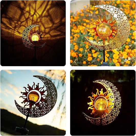 LICKLIP Garden Solar Lights Outdoor Decorative, Sun & Moon Crackle Glass Globe Metal Stake Light, Waterproof Warm White LED Light, Decorations for Pathway Lawn Patio Courtyard Backyard (1 Pack)