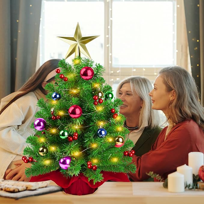Small Tabletop Christmas Tree, 22 Inch Mini Artificial Prelit Christmas Tree Decorated with Warm Lights, Colorful Ornaments, Star Treetop, Red Berries and Cloth Bag Base for Holiday Decoration