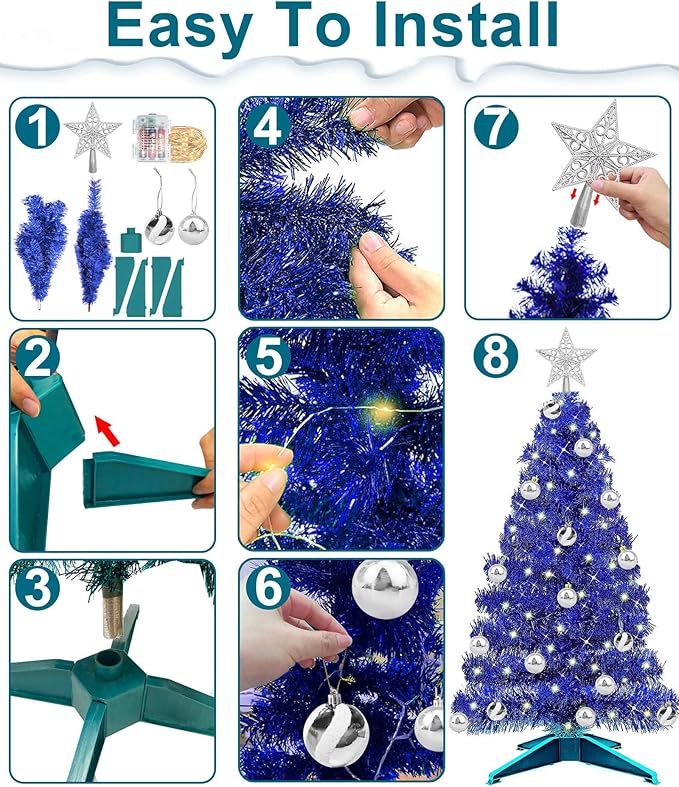 TURNMEON 3 Ft Christmas Hanukkah Tree with Lights Timer 15 DIY Ball Ornament Star Blue Small Tinsel Tree Battery Operated Christmas Artificial 8 Modes Xmas Hanukkah Decorations Home Indoor Holiday