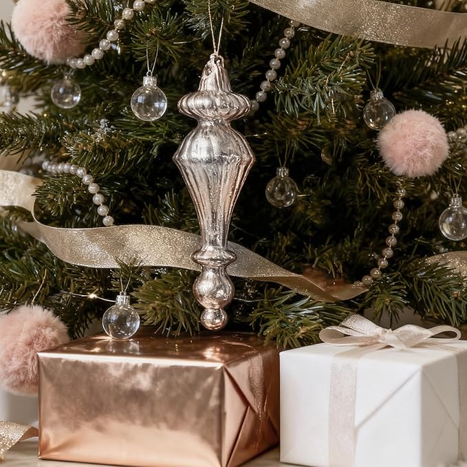 DN DECONATION Mercury Glass Finial Christmas Ornaments, Large Hanging Teardrop Ornament, Shiny Ball Ornaments for Xmas Tree, Winter Wedding, Party, Holiday Home (4-Pieces, Champagne Gold)