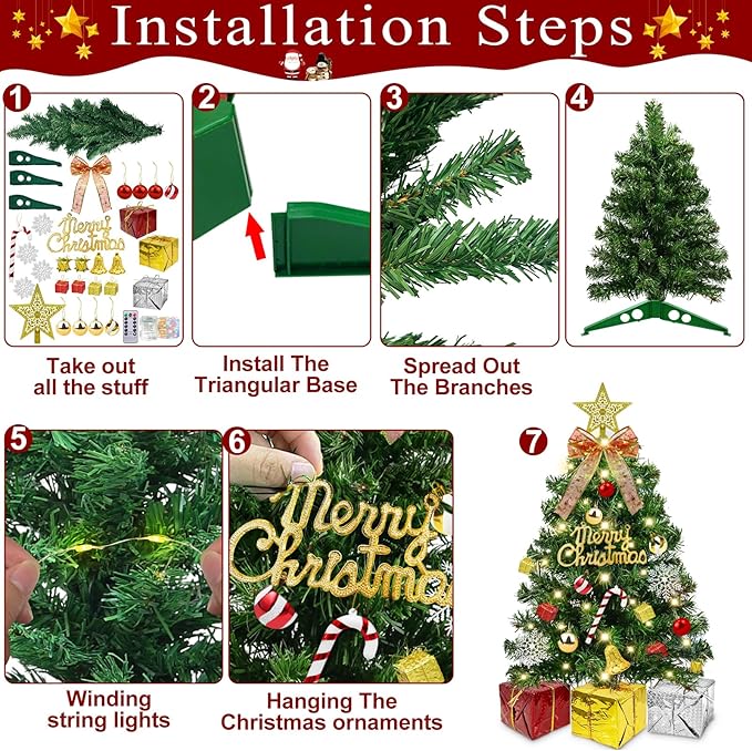 Dual Color Change&Remote Control 24 Inch/2FT Tabletop Christmas Tree with Lights Timer, 20 Warm White&Colored Lights 8 Modes 27 Orantments Star Boxes Mini Small Christmas Tree Xmas Home Party Decor