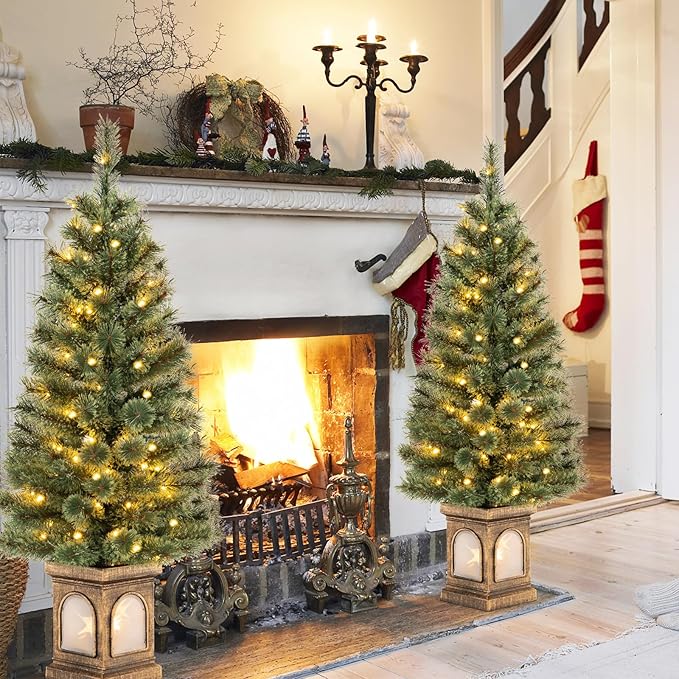 HAPPYGRILL 4 FT Pre-Lit Christmas Tree Set of 2, Artificial Xmas Entrance Tree w/116 Branch Tips, 3 Lighting Modes, 100 LED Lights & Cement-Filled Base, Pine Needles, Remote Control, Holiday Decor