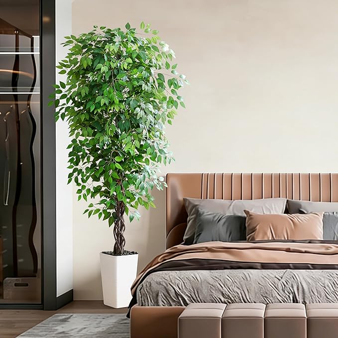 Artificial Ficus Tree 7FT Faux Plants Indoor Tall Fake Plants with White Tall Planter, Green Lifelike Lush Fake Ficus Tree for Home Living Room Bedroom Outdoor Balcony House Office Decor