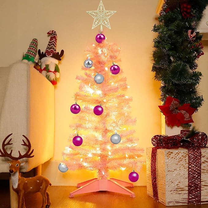 TURNMEON Remote Control 8 Modes 3 Ft Christmas Tree Warm Lights 15 DIY Ball Ornaments Star Battery Operated Artificial Pink Full Tree Timer Holiday Xmas Decoration Home Indoor Table Valentine's Day