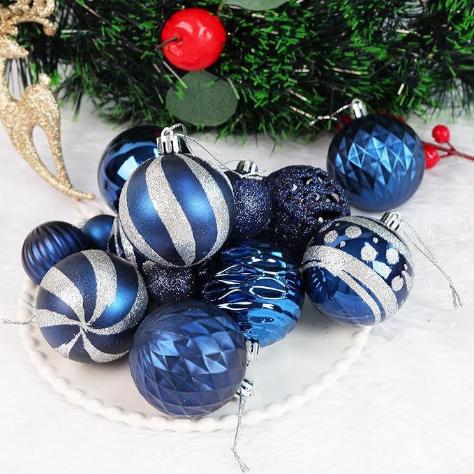 100PCS Christmas Ball Ornaments, Assorted Shatterproof Christmas Tree Decorations, Seasonal Decorative Hanging Baubles Decor Set for Xmas/Holiday/Party, Glitter&Painting Ornament Set (Navy Silver)
