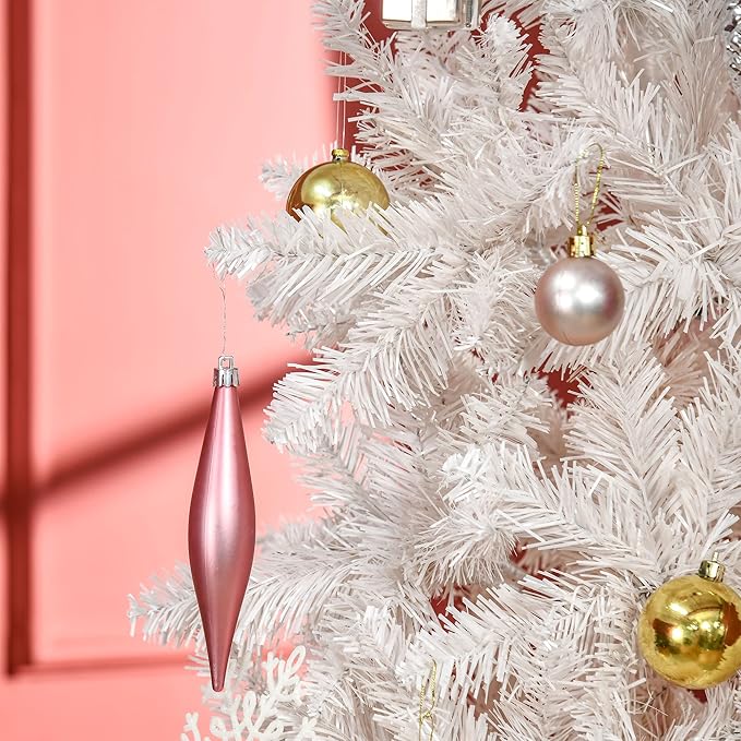 HOMCOM 7' Tall Unlit Pencil Fir Artificial Christmas Tree with Realistic Branches and Steel Base, Pink and White