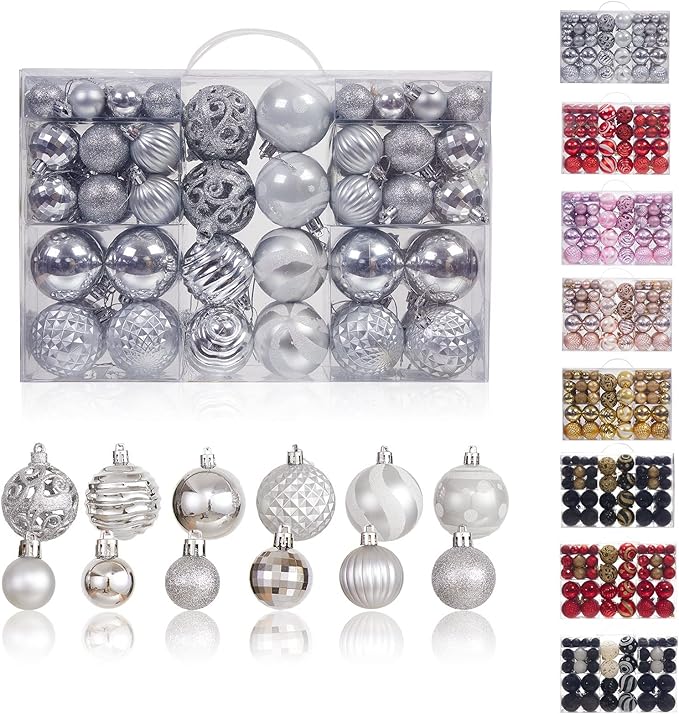 100PCS Christmas Ball Ornaments, Assorted Shatterproof Christmas Tree Decorations, Seasonal Decorative Hanging Baubles Decor Set for Xmas/Holiday/Party, Glitter&Painting Ornament Set (Silver)