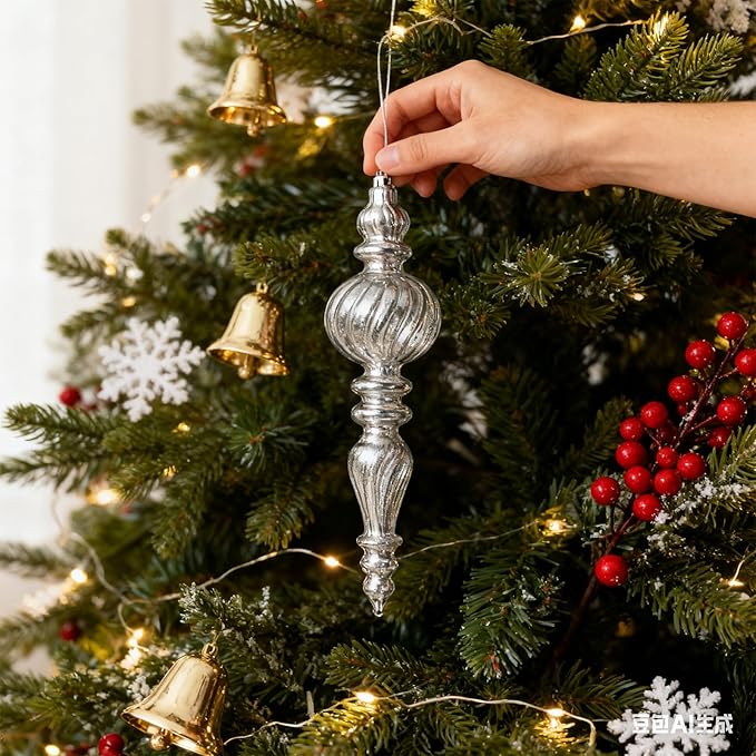 DN DECONATION Mercury Glass Finial Christmas Ornaments, Large Hanging Teardrop Ornament, Shiny Ball Ornaments for Xmas Tree, Winter Wedding, Party, Holiday Home (4-Pieces, Silver)