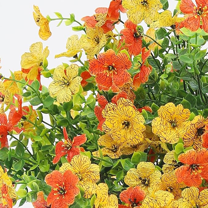 Artificial Flowers for Outdoors 6PCS,All Weather Fade Proof, UV Resistant Waterproof Realistic Faux Silk Mums Daisies Yellow & Orange for Hanging Planters Porch Patio Balcony Deck Fence Garden Decor