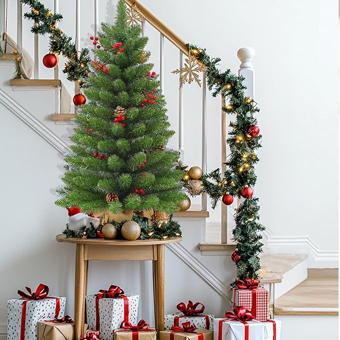 12 Modes & Remote Control - 3 Ft Christmas Tree, Artificial Tabletop Small Christmas Tree Timer 50 Warm White & Multicolored Lights Pine Cones Red Berried Classics Branch Xmas Tree Home Table Decor