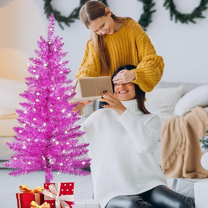 4ft Artificial Full Pink Christmas Tree with Separate Lights, Not Pre-lit Mini Pink Tinsel Pine Christmas Tree, 50 Lights, Small Xmas Tree for Home, Office, Party Decoration, Indoor