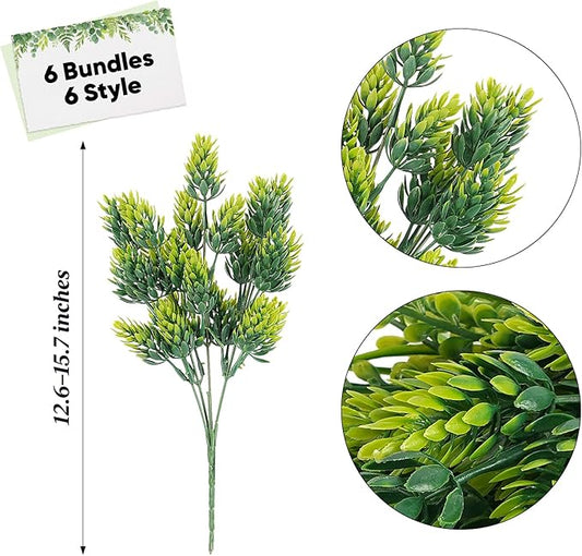 ilauke 6 Pack Artificial Greenery Stems Outdoor UV Resistant, Faux Plants for Home Decor Indoor Outside, Assorted Eucalyptus Decor & More for Vases
