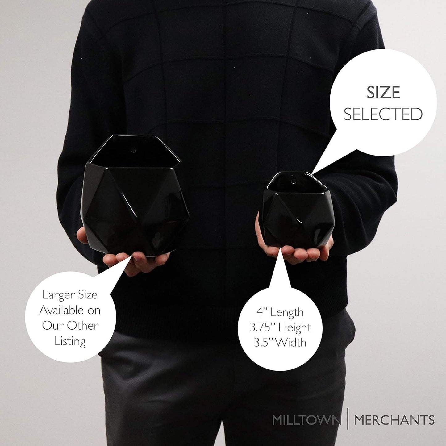 Milltown Merchants Succulent Wall Planter - Black Ceramic Mounted Planter - Succulent Plant Pot - Hanging Vase for Living Wall (1 Pack/Geometric/Black)