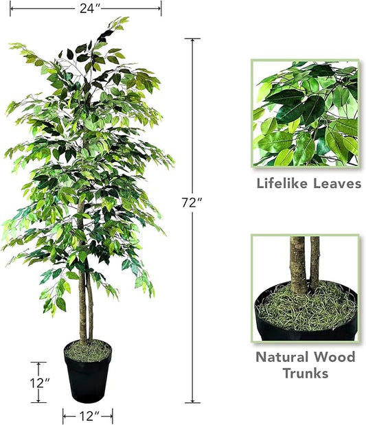 6ft Artificial Ficus Tree in Black Plastic Pot - Real Wood Trunk, Preassembled, No Maintenance Indoor Faux Plant - Living Room, Home & Office Decor